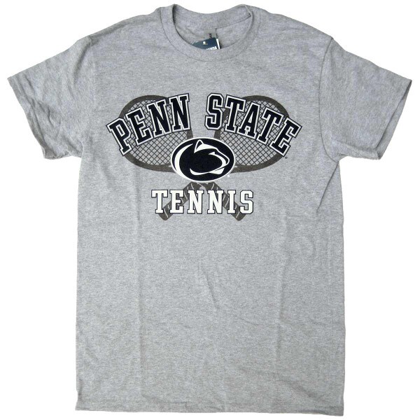 heather gray short sleeve t-shirt with Penn State arched above Athletic Logo, Tennis below, and two crossed rackets in back